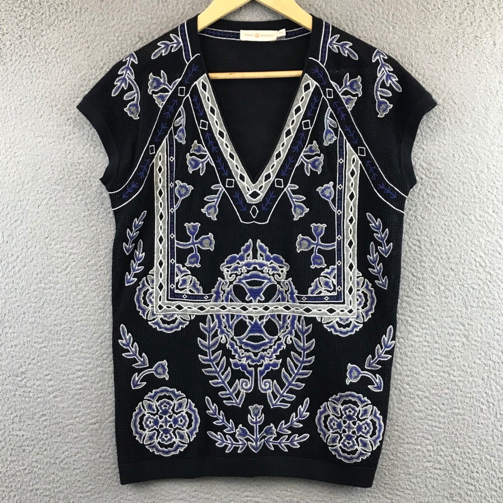 Tory Burch Wool Embroidered V Neck‎ Sleeveless Top Knit M